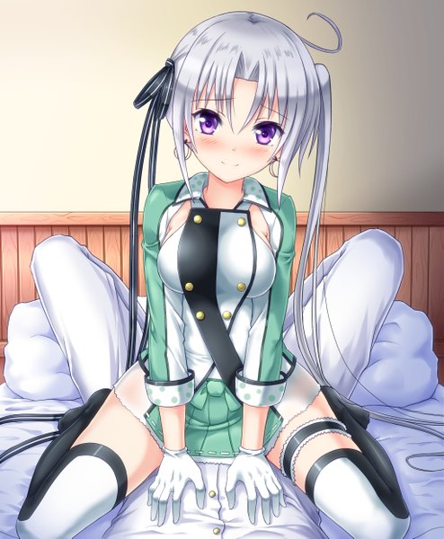 Anime picture 1025x1245 with kantai collection akitsushima seaplane tender kyamu (qqea92z9n) long hair tall image looking at viewer blush fringe breasts light erotic smile large breasts sitting purple eyes silver hair ahoge bent knee (knees) lying pleated skirt no shoes