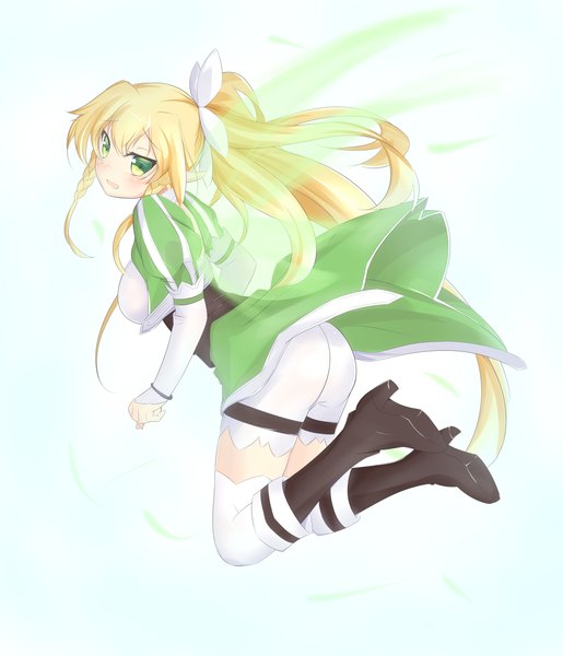 Anime picture 1000x1165 with sword art online a-1 pictures leafa yuuyu single long hair tall image blush simple background blonde hair white background green eyes ponytail pointy ears girl thighhighs dress white thighhighs wings leggings