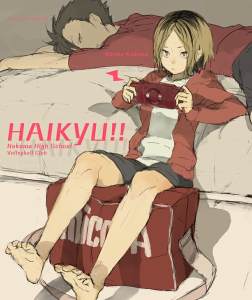 Anime picture 873x1040 with haikyuu!! production i.g kuroo tetsurou kozume kenma kaimuari tall image short hair black hair blonde hair sitting holding yellow eyes indoors lying barefoot multiple boys shadow copyright name on stomach playing games