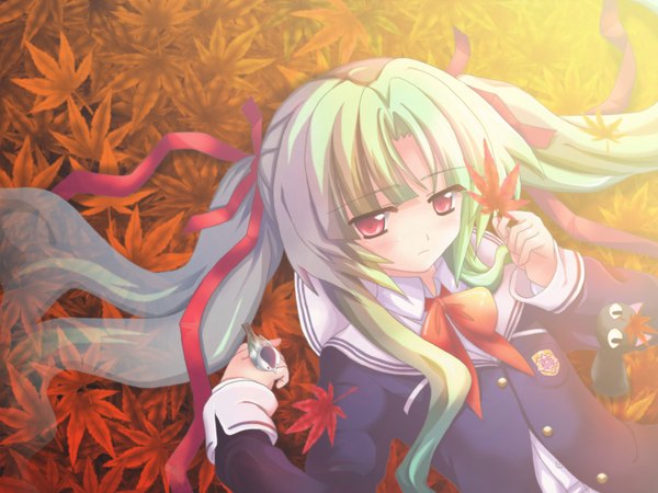 Anime picture 1600x1200 with owari no chronicle nanao yuki highres red eyes twintails blue hair lying wallpaper uniform bow ribbon (ribbons) school uniform animal bird (birds) leaf (leaves) cat burenhiruto shiruto