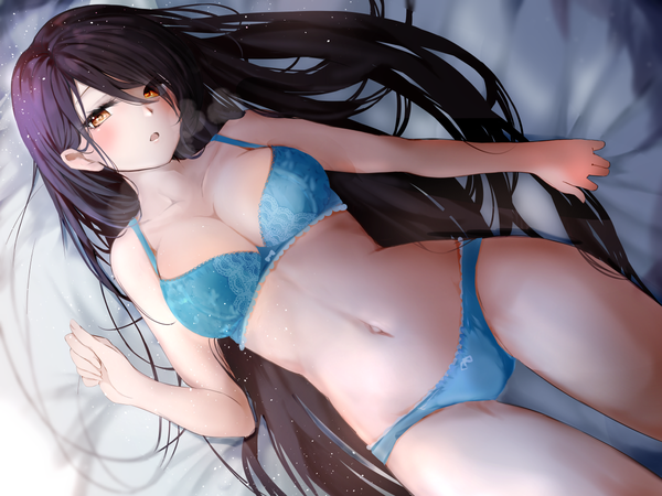 Anime picture 1200x900 with original raru (nanaharararu) single long hair looking at viewer blush fringe breasts open mouth light erotic black hair indoors lying from above hair over one eye on back orange eyes underwear only exhalation girl