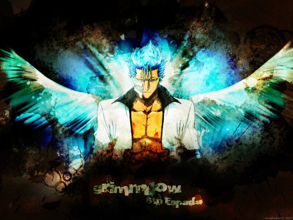 Anime picture 1600x1200 with bleach studio pierrot grimmjow jeagerjaques single short hair blue eyes signed blue hair open clothes espada boy wings mask