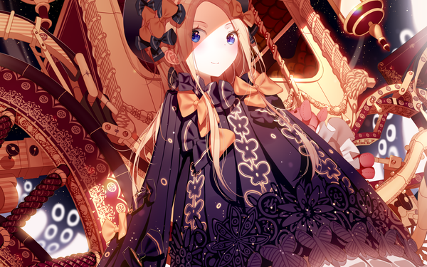 Anime picture 1920x1200 with fate (series) fate/grand order abigail williams (fate) atha (leejuiping) single long hair looking at viewer blush fringe highres blue eyes blonde hair smile sunlight from below dutch angle shaded face girl dress bow