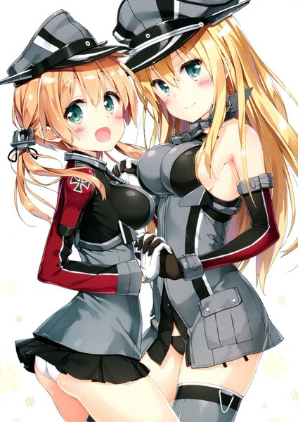 Anime picture 1200x1699 with kantai collection bismarck battleship prinz eugen (kantai collection) kani biimu long hair tall image blush breasts open mouth light erotic blonde hair smile white background twintails green eyes ass head tilt pleated skirt light smile low twintails