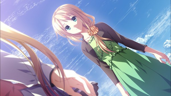 Anime picture 1278x718 with supipara amano angeline hotaru nanao naru long hair blonde hair wide image green eyes game cg cloud (clouds) girl dress