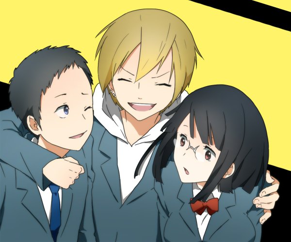 Anime picture 1200x1000 with durarara!! brains base (studio) sonohara anri kida masaomi ryuugamine mikado short hair open mouth blue eyes black hair blonde hair red eyes eyes closed one eye closed wink multiple boys yellow background girl boy uniform school uniform