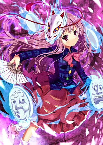 Anime picture 714x1000 with touhou hata no kokoro cnm single long hair tall image looking at viewer blush pink hair pink eyes from above glowing mask on head girl mask fan fox mask
