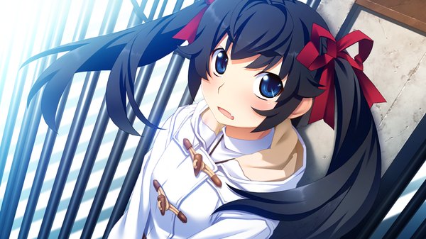 Anime picture 1024x576 with grisaia no kajitsu matsushima michiru long hair open mouth blue eyes black hair wide image twintails game cg teeth fang (fangs) alternate hair color girl ribbon (ribbons) hair ribbon jacket