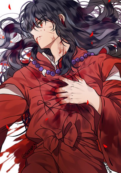 Anime picture 700x1000 with inuyasha inuyasha (character) inuyasha (human form) sorolp single long hair tall image black hair simple background white background signed long sleeves traditional clothes japanese clothes black eyes wide sleeves turning head hand on chest wavy hair blood on face