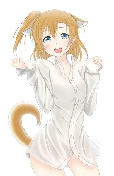 Anime picture 648x1000 with love live! school idol project sunrise (studio) love live! kousaka honoka roaru (gyuren) single tall image looking at viewer blush short hair open mouth blue eyes blonde hair white background animal ears tail animal tail one side up girl shirt