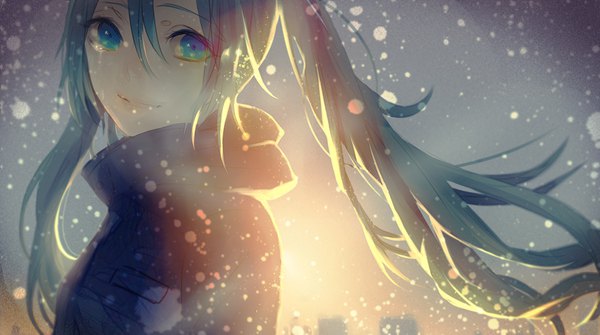 Anime picture 900x503 with vocaloid hatsune miku czc (deko) single long hair looking at viewer fringe smile hair between eyes wide image twintails aqua eyes light smile wind aqua hair crying backlighting girl scarf