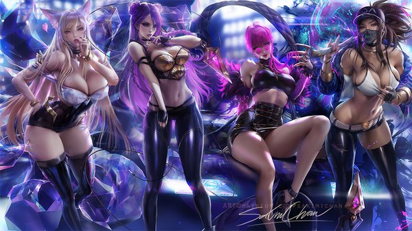 Anime picture 1000x562 with league of legends k/da (league of legends) ahri (league of legends) akali (league of legends) evelynn (league of legends) k/da akali k/da ahri k/da evelynn kai'sa k/da kai'sa sakimichan long hair looking at viewer blush fringe breasts blue eyes light erotic blonde hair hair between eyes