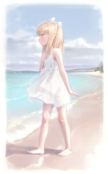 Anime picture 2000x3215 with original bingwei huang single long hair tall image blush fringe highres blue eyes blonde hair standing looking away sky cloud (clouds) full body ahoge outdoors profile barefoot pointy ears
