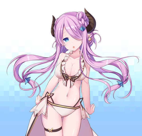 Anime picture 2419x2319 with granblue fantasy narmaya (granblue fantasy) narmaya (summer) (granblue fantasy) amemiya ruki single long hair looking at viewer fringe highres breasts open mouth blue eyes light erotic large breasts purple hair horn (horns) hair over one eye hair bun (hair buns) gradient background draph