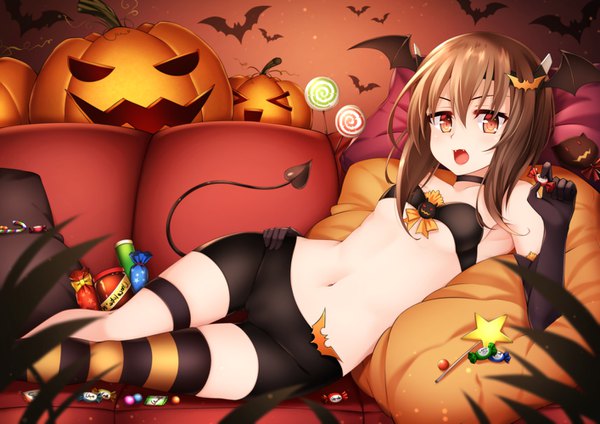 Anime picture 1414x1000 with kantai collection taihou armored aircraft carrier helther single looking at viewer short hair open mouth light erotic red eyes brown hair halloween head wings girl thighhighs gloves navel wings black gloves elbow gloves food