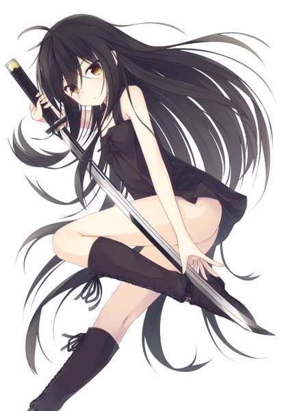 Anime picture 877x1276 with original nagishiro mito single tall image looking at viewer blush light erotic black hair white background brown eyes very long hair girl weapon sword boots katana sundress