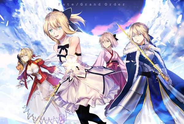 Anime-Bild 1800x1218 mit fate (series) fate/stay night fate/extra fate/unlimited codes artoria pendragon (all) saber nero claudius (fate) (all) okita souji (fate) (all) nero claudius (fate) okita souji (koha-ace) saber lily lllslan looking at viewer fringe highres short hair breasts open mouth blonde hair simple background