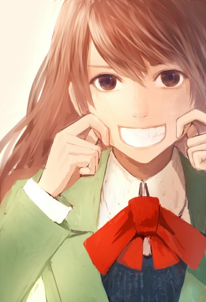 Anime picture 600x880 with original bounin single long hair tall image looking at viewer fringe smile red eyes red hair teeth happy girl ribbon (ribbons) shirt white shirt