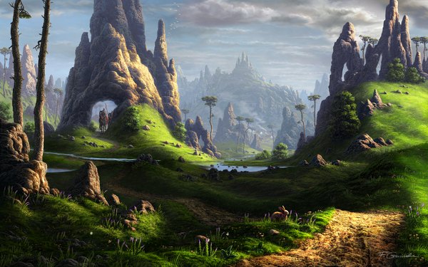 Anime picture 1680x1050 with original fel-x (artist) wide image wallpaper mountain landscape river nature rock knight panorama plant (plants) animal tree (trees) bird (birds) grass bunny house castle road