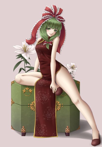 Anime picture 900x1300 with touhou kagiyama hina mochi.f single long hair tall image looking at viewer green eyes green hair legs chinese clothes girl flower (flowers) bow ribbon (ribbons) hair bow chinese dress