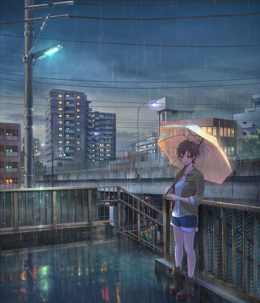 Anime picture 1500x1746 with original sho (shoichi-kokubun) single tall image fringe short hair open mouth brown hair standing holding looking away outdoors open jacket grey eyes city reflection rain city lights transparent umbrella girl