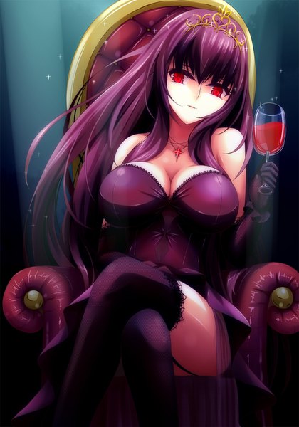 Anime picture 1050x1500 with fate (series) fate/grand order scathach (fate) (all) scathach (formal dress) (fate) ahsiu single long hair tall image looking at viewer fringe breasts light erotic hair between eyes red eyes large breasts sitting bare shoulders holding cleavage purple hair