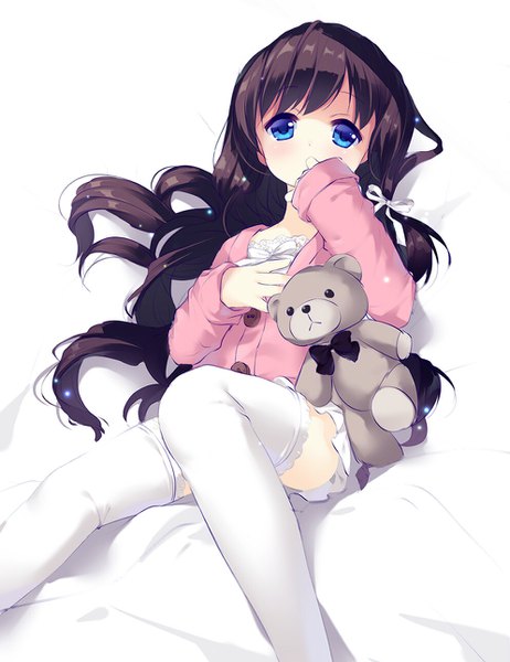 Anime picture 993x1288 with original verjuice single long hair tall image looking at viewer blush fringe blue eyes light erotic simple background brown hair white background bent knee (knees) lying cute girl thighhighs hair ornament ribbon (ribbons)