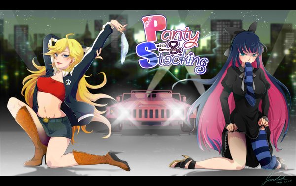 Anime picture 1600x1010 with panty & stocking with garterbelt anarchy stocking anarchy panty long hair blue eyes light erotic blonde hair multiple girls green eyes multicolored hair two-tone hair mouth hold city colored inner hair girl thighhighs underwear panties bow 2 girls