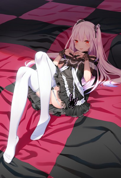 Anime picture 878x1288 with virtual youtuber hololive world is mine (vocaloid) uruha rushia uruha rushia (3rd costume) yasuyuki single long hair tall image looking at viewer blush fringe open mouth light erotic smile red eyes white background payot pink hair full body