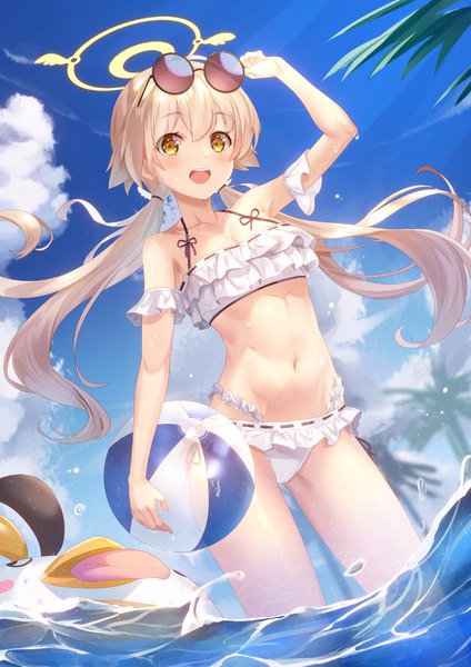 Anime picture 848x1200 with blue archive hifumi (blue archive) hifumi (swimsuit) (blue archive) dance of eternity single long hair tall image fringe open mouth light erotic blonde hair standing twintails yellow eyes sky cloud (clouds) outdoors :d partially submerged low twintails