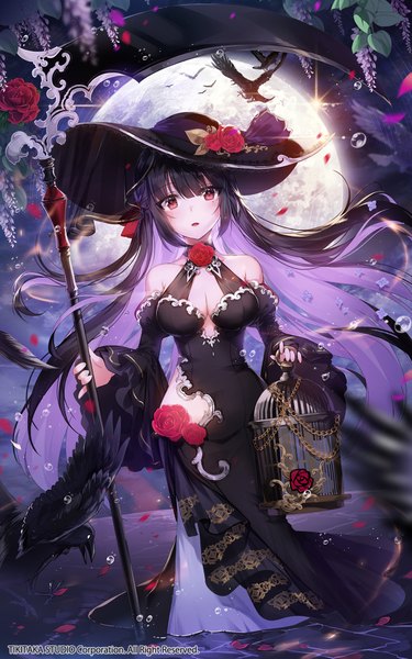 Anime picture 1250x2000 with arcana tactics original apple caramel single long hair tall image looking at viewer blush fringe breasts open mouth black hair hair between eyes red eyes large breasts standing bare shoulders holding cleavage cloud (clouds)
