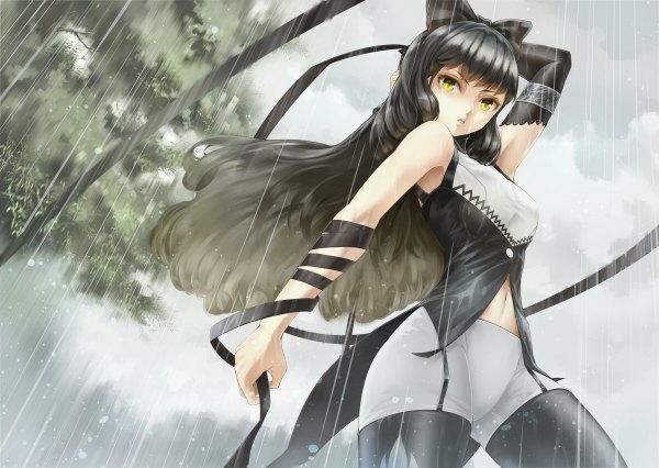 Anime picture 1200x852 with rwby rooster teeth blake belladonna ryouku single long hair black hair bare shoulders yellow eyes midriff rain girl navel ribbon (ribbons) bow plant (plants) hair bow tree (trees) thigh boots