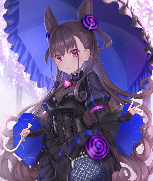Anime picture 1200x1414 with fate (series) fate/grand order murasaki shikibu (fate) kachayori single long hair tall image looking at viewer blush fringe breasts open mouth hair between eyes brown hair standing holding payot pink eyes blurry wide sleeves