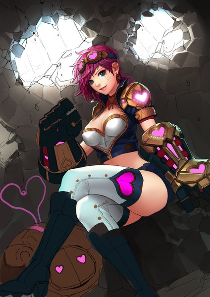 Anime picture 1280x1811 with league of legends vi (league of legends) blitzcrank (league of legends) ake (cherrylich) single tall image blush breasts open mouth smile large breasts sitting cleavage lips arm support bare belly teeth alternate costume crossed legs goggles on head