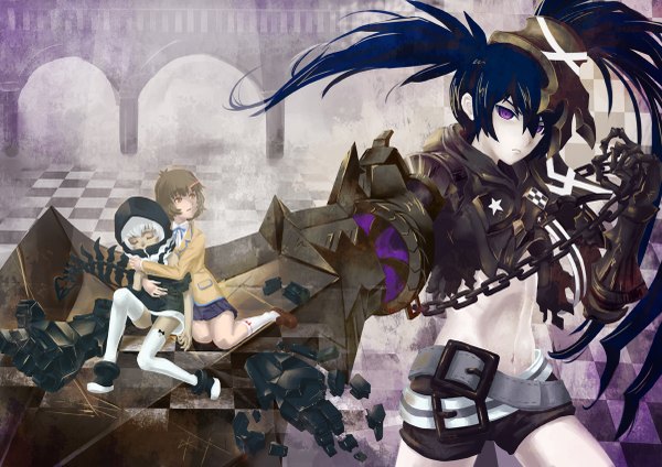Anime picture 1200x849 with black rock shooter black rock shooter (character) strength (black rock shooter) insane black rock shooter yuu (black rock shooter) long hair short hair black hair brown hair purple eyes twintails multiple girls blue hair white hair mechanical parts girl thighhighs navel weapon white thighhighs