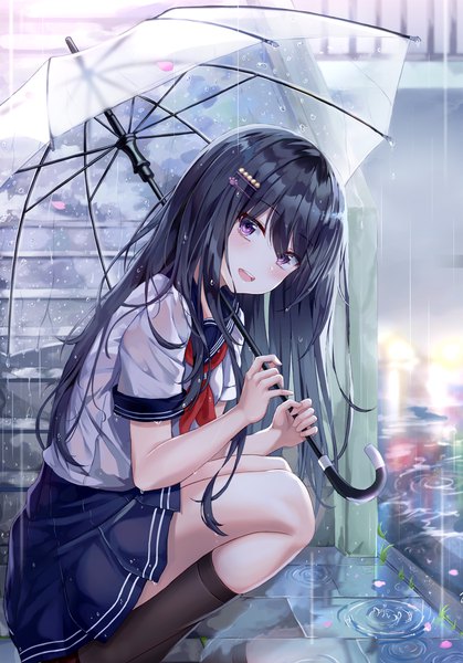 Anime picture 3200x4585 with original lkeris single long hair tall image looking at viewer blush fringe highres open mouth black hair smile hair between eyes purple eyes holding absurdres full body bent knee (knees) outdoors head tilt