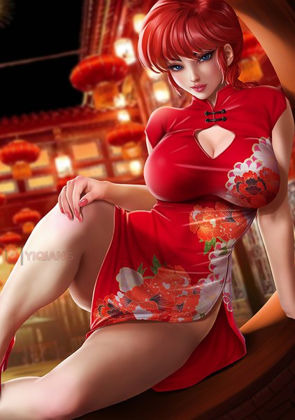 Anime picture 732x1041 with ranma 1/2 saotome ranma saotome ranma (girl) yi qiang single long hair tall image looking at viewer fringe breasts blue eyes light erotic hair between eyes large breasts cleavage bent knee (knees) red hair nail polish traditional clothes fingernails