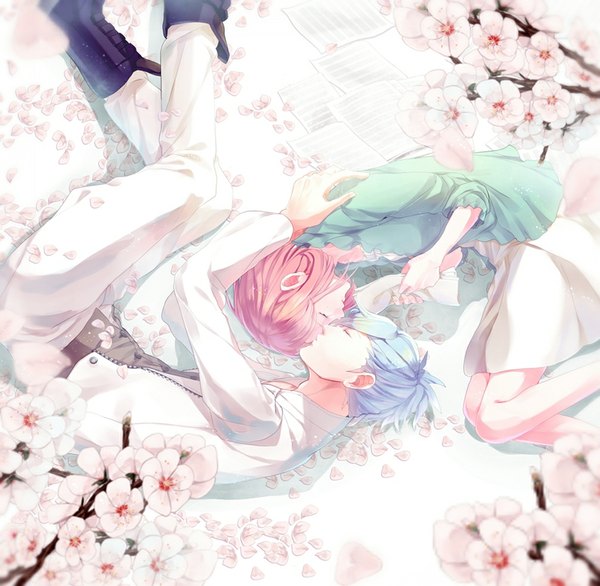 Anime picture 1007x985 with uta no prince-sama a-1 pictures nanami haruka (uta no prince-sama) mikaze ai chigasaki short hair holding blue hair pink hair ponytail lying eyes closed profile from above shadow couple tears cherry blossoms face to face girl