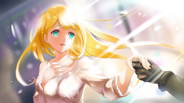 Anime picture 2560x1440 with overlord (maruyama) madhouse tsuareninya veyron iff fringe highres breasts open mouth blonde hair wide image standing looking away cleavage upper body long sleeves aqua eyes sparkle tears floating hair outstretched arm