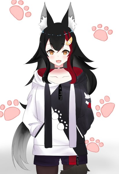 Anime picture 1409x2048 with virtual youtuber hololive ookami mio ookami mio (3rd costume) 3920567420 single long hair tall image looking at viewer blush fringe open mouth black hair simple background hair between eyes standing white background brown eyes animal ears tail