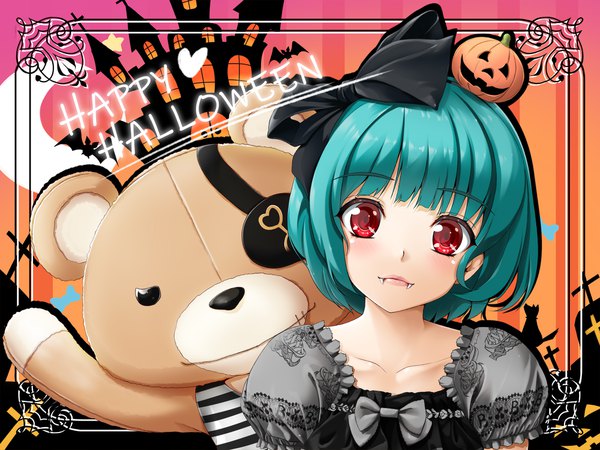Anime picture 2000x1500 with original toranoo single looking at viewer blush highres short hair red eyes upper body head tilt lips aqua hair fang (fangs) halloween framed happy halloween girl bow hair bow toy
