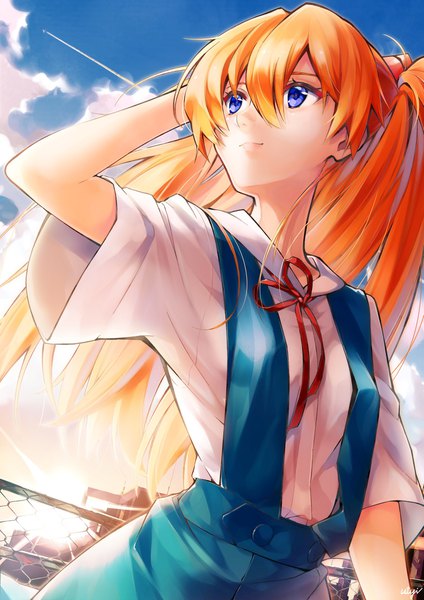 Anime picture 1559x2208 with neon genesis evangelion gainax soryu asuka langley utayoi (umakatare) single long hair tall image blue eyes standing signed looking away sky cloud (clouds) upper body outdoors arm up light smile sunlight orange hair short sleeves