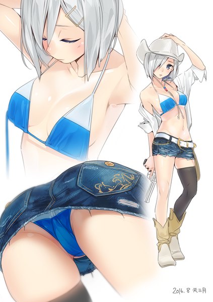 Anime picture 776x1100 with kantai collection hamakaze destroyer ama mitsuki tall image fringe short hair breasts blue eyes light erotic simple background large breasts white background signed silver hair ass eyes closed hair over one eye armpit (armpits) open shirt dated