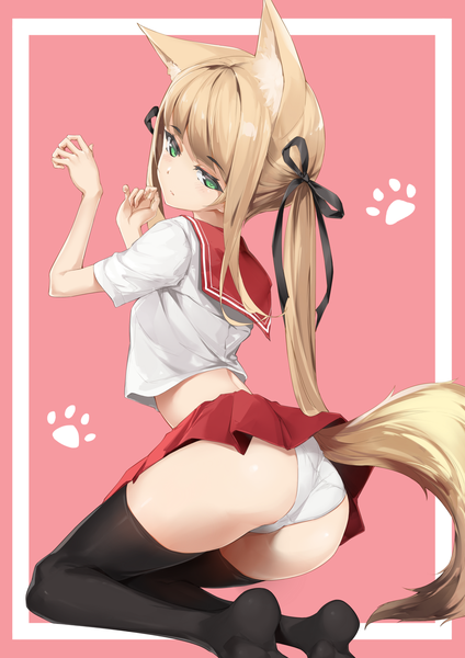 Anime picture 1280x1810 with original bitterpain single long hair tall image looking at viewer blush light erotic simple background blonde hair twintails green eyes animal ears payot bent knee (knees) ponytail tail animal tail looking back midriff