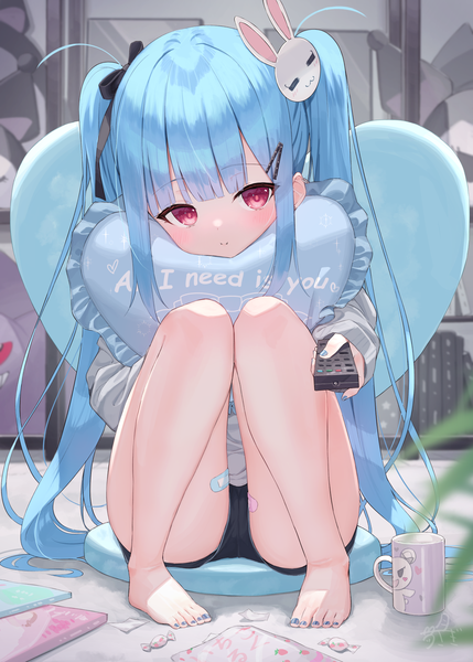 Anime picture 1296x1812 with original tsukiman single long hair tall image looking at viewer blush fringe light erotic red eyes sitting twintails holding payot blue hair full body bent knee (knees) indoors blunt bangs long sleeves
