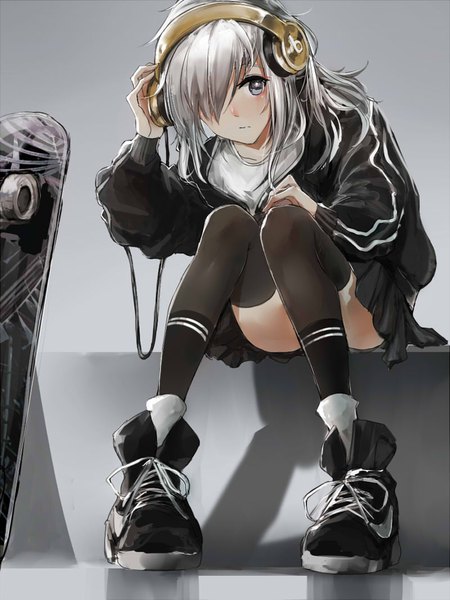 Anime picture 800x1066 with original swav single long hair tall image looking at viewer blush fringe light erotic sitting silver hair hair over one eye open jacket grey eyes convenient leg hand on headphones girl thighhighs skirt black thighhighs