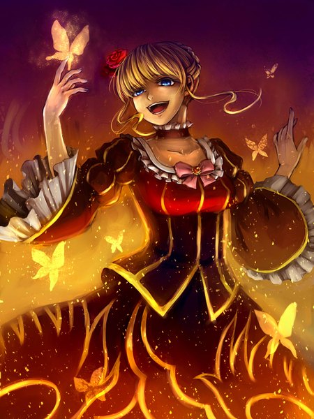 Anime picture 1200x1600 with umineko no naku koro ni beatrice nora (le-chat-noir) single tall image short hair open mouth blue eyes blonde hair magic girl dress insect butterfly