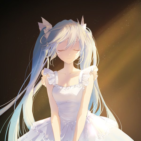Anime picture 1024x1024 with vocaloid hatsune miku shangguan feiying single long hair fringe simple background hair between eyes standing twintails payot silver hair eyes closed sunlight floating hair dark background frilled dress girl dress ribbon (ribbons)