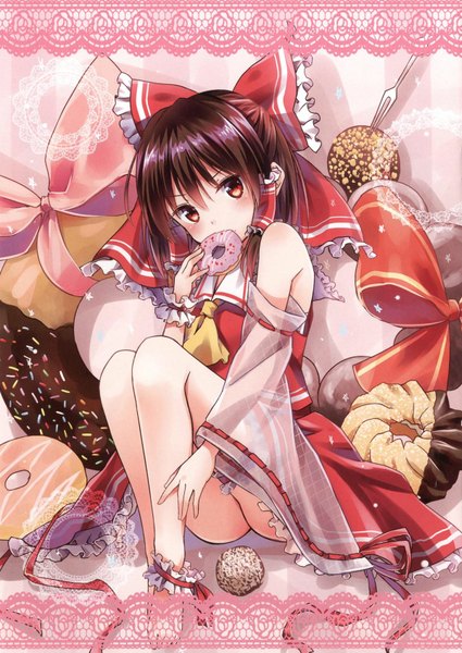 Anime picture 1200x1695 with touhou hakurei reimu kure~pu single long hair tall image looking at viewer blush fringe light erotic brown hair sitting bare shoulders holding brown eyes bent knee (knees) ass bare legs embarrassed no shoes