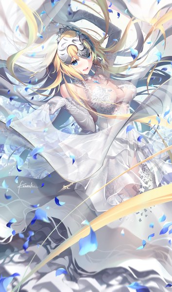 Anime picture 650x1101 with fate (series) fate/grand order jeanne d'arc (fate) (all) jeanne d'arc (fate) kousaki rui single tall image looking at viewer blush fringe breasts open mouth blue eyes light erotic blonde hair smile large breasts bare shoulders cleavage very long hair